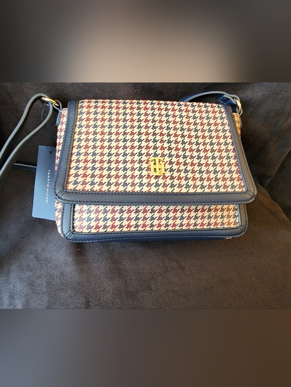 Tommy Hilfiger Flap Crossbody Bag Fawn Navy Burgundy Houndstooth Pattern NWT